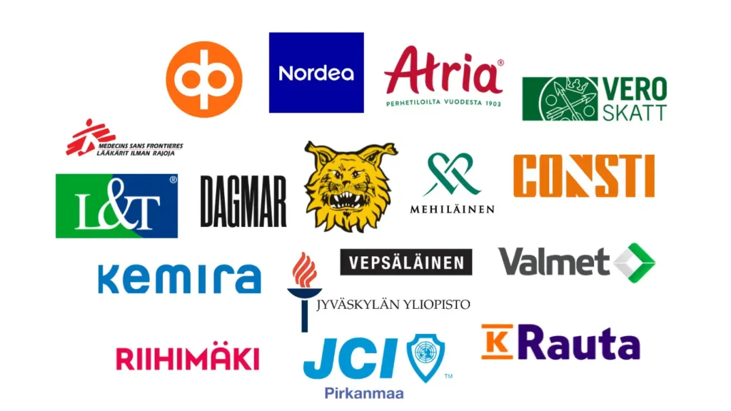 Taikuri Juhliin asiakas logoseinä. ASiakkaita muunmuassa Atria, OP, K-rauta, Kemira, Consti, Verohallinto