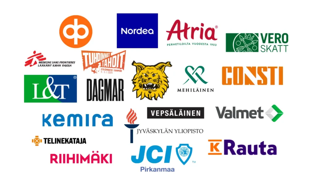 Taikuri juhliin asiakkaita, esimerkiksi Atria, Osuuspankki, Kemira, Consti, Verohallinto.